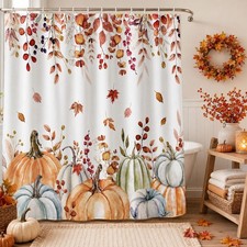 Fall Pumpkin Boho Shower Curtain Set, Farmhouse Autumn Eucalyptus Leaves — custom printed polyester bath curtain