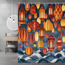 Chinese Lanterns Shower Curtain, Blue Ocean Wave Print — custom printed polyester bath curtain