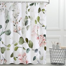 Green Pink Shower Curtain Hooks Waterproof Spring Eucalyptus Floral 72x72 In — custom printed polyester bath curtain
