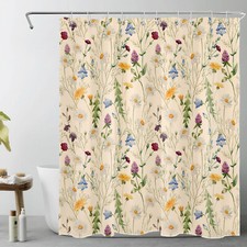 Plant Green Leaf Colorful Wildflower Beige Shower Curtain Set for Bathroom Decor — custom printed polyester bath curtain