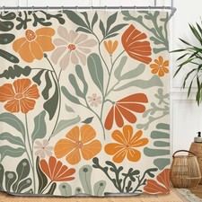 Miyotaa Retro Flower Sage Green Orange Shower Curtain Set 71Wx71H Inches — custom printed polyester bath curtain