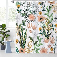 Floral Shower Curtain, Pink Flowers Tropical Leaves with Green Grey Branches ... — custom printed polyester bath curtain