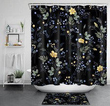 Black Plant Yellow and Blue Wildflower Shower Curtain Set for Bathroom Decor — custom printed polyester bath curtain