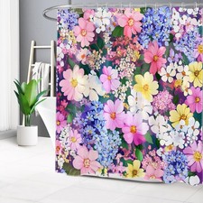 Garden Green Leaves Colorful Wildflower Shower Curtain Bathroom Accessories Set — custom printed polyester bath curtain