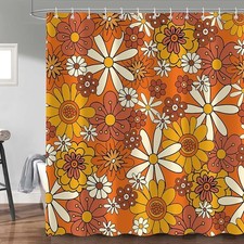 Daisy Flower Shower Curtain, Vintage Orange Funky 70s Sun Flowers Boho Colorf... — custom printed polyester bath curtain