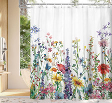 Farmhouse Rustic Boho Floral Shower Curtain, Colorful Watercolor Wildflower Flow — custom printed polyester bath curtain