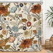 Flower Shower Curtain Set 60Wx71H Inches Vintage Burnt Orange Blossom Botanic... — custom printed polyester bath curtain