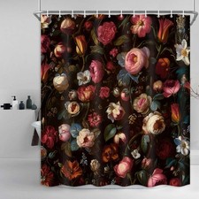 Vintage Floral Shower Curtain, Black Boho Floral Shower Curtain Flowers Bathr... — custom printed polyester bath curtain