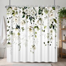 Green White Floral Eucalyptus Watercolor Rustic Shower Curtain Hook 72x72 Inch — custom printed polyester bath curtain