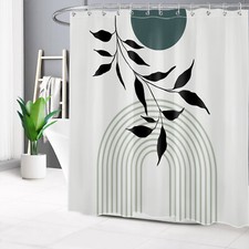 Boho Sun Black Leaf Mid Century Green Shower Curtain Set for Bathroom Decor — custom printed polyester bath curtain