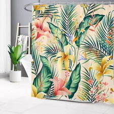 Summer Green Palm Leaf Pink Floral Beige Shower Curtain Bathroom Accessories Set — custom printed polyester bath curtain