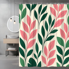 Floral Shower Curtain with Pink and Green Leaves - Waterproof Fabric — custom printed polyester bath curtain