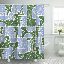 Boho Abstract Colorful Floral Shower Curtain, Vintage Retro Patchwork Blue Green — custom printed polyester bath curtain