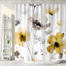 Boho Floral Shower Curtain, Cream Tan Beige Yellow Grey White Flower Farmhouse — custom printed polyester bath curtain