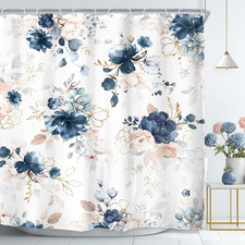 Navy Pink Blue Floral Shower Curtain for Bathroom Decor 72Wx72H Rose Flower Peon — custom printed polyester bath curtain