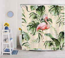 Green Tropical Plant Pink Flamingo Beige Shower Curtain Set for Bathroom Decor — custom printed polyester bath curtain