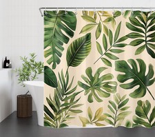 Green Plant Botanical Palm Leaf on Beige Shower Curtain Bathroom Accessories Set — custom printed polyester bath curtain