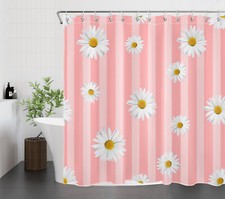 Pink Vertical Striped Plant Yellow Daisy Shower Curtain Set for Bathroom Decor — custom printed polyester bath curtain