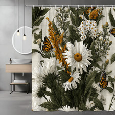 Floral Butterfly Shower Curtain Daisy Botanical Print — custom printed polyester bath curtain