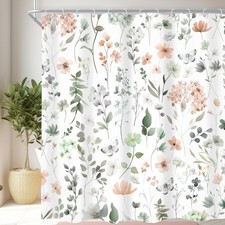 Extra Long Green Pink Floral 72Wx84H Shower Curtain Cute Wildflower Watercolo... — custom printed polyester bath curtain