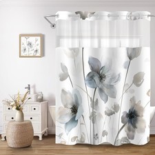 No Hook Shower Curtain and Liner Set, Blue Grey Boho Floral 71x74 — custom printed polyester bath curtain