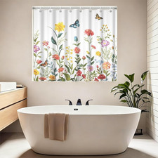 Short Shower Curtain, Colorful Wildflower Garden Flower Grass Butterfly Bath Cur — custom printed polyester bath curtain