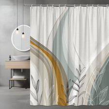 Abstract Leaf Shower Curtain Neutral Sage Gold Print — custom printed polyester bath curtain