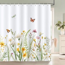 Bonhause Floral Shower Curtain, Yellow 72"W x 72"L (Pack of 1), — custom printed polyester bath curtain