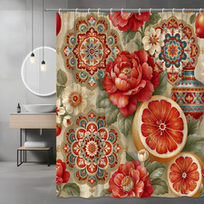 Boho Floral Mandala Citrus Shower Curtain Red Blue Beige — custom printed polyester bath curtain