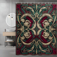 Abstract Floral Shower Curtain, Teal Burgundy Cream Graphic Print — custom printed polyester bath curtain