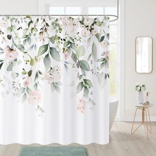 Spring Shower Curtain, Sage Green Eucalyptus Leaf Pink Floral Botanical Plant... — custom printed polyester bath curtain
