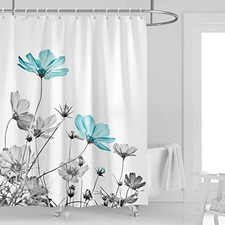 Teal Gray Floral Shower Curtain 72''W x 72''L Daisy Elegant Flower Grey Cute — custom printed polyester bath curtain