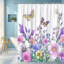 Floral Butterfly Shower Curtain with Colorful Flowers — custom printed polyester bath curtain