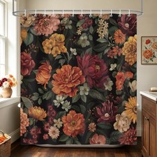 Vintage Dark Floral Shower Curtain, Black Boho Flower Bloosom Plant Farmhouse — custom printed polyester bath curtain