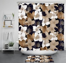 Modern Luxury Gold Black White Floral Shower Curtain Bathroom Accessories Set — custom printed polyester bath curtain