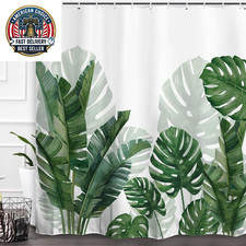 Tropical Green Plant Shower Curtain Waterproof Washable Fabric Summer Bathroom D — custom printed polyester bath curtain