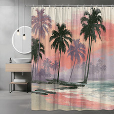 Tropical Palm Tree Beach Sunset Shower Curtain — custom printed polyester bath curtain