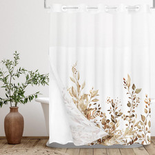 No Hooks Snap in Liner Tan Eucalyptus Leaves Shower Curtain Sets, Hotel Luxury D — custom printed polyester bath curtain