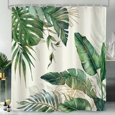 Tropical Plant Shower Curtain Set Green Gold Palm Tree Bathroom Decor — custom printed polyester bath curtain