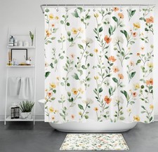 Watercolor Green Leaf Orange Wildflower Shower Curtain Bathroom Accessories Set — custom printed polyester bath curtain
