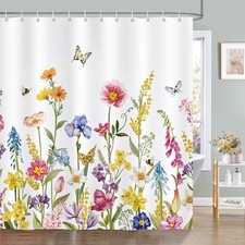 Yellow Floral Shower Curtain, Colorful Flower Plant Butterfly Spring Bathroom... — custom printed polyester bath curtain