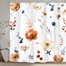 Watercolor Floral Shower Curtain Set Modern Minimalist Blue Bathroom Decor — custom printed polyester bath curtain