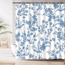 Blue Boho Floral Shower Curtain with 12 Hooks, Spring Blue Leaves Flowers Sho... — custom printed polyester bath curtain