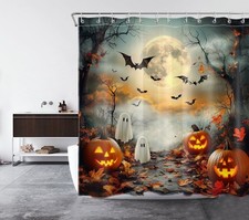 Creepy Bat Spooky Ghost Scary Halloween Shower Curtain Bathroom Accessories Set — custom printed polyester bath curtain