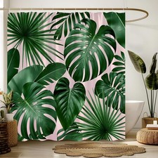 Tropical Leaves Shower Curtain Green Plant 70"W x 70"L (Pack of 1), - — custom printed polyester bath curtain