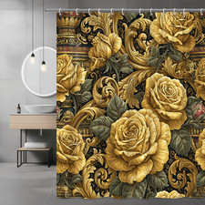 Gold Rose Floral Shower Curtain Black Baroque Print — custom printed polyester bath curtain