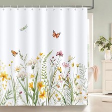 Spring Floral Shower Curtain, Yellow White Wildflower Plant Butterfly — custom printed polyester bath curtain