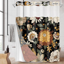 No Hook Shower Curtain with Snap in Liner 71X74 Inch Floral Boho — custom printed polyester bath curtain