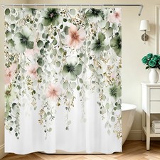 Watercolor Plant Pink and Green Floral Shower Curtain Set for Bathroom Decor — custom printed polyester bath curtain