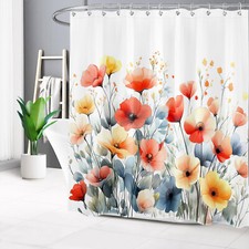 Blue Leaf Yellow and Orange Wildflower Shower Curtain Set for Bathroom Decor — custom printed polyester bath curtain